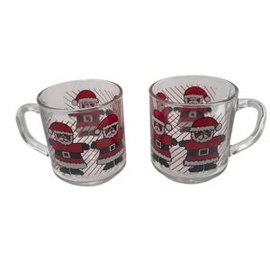 Set of 2 Luminarc Christmas Santa Claus Glass Mugs Holiday Drinkware
